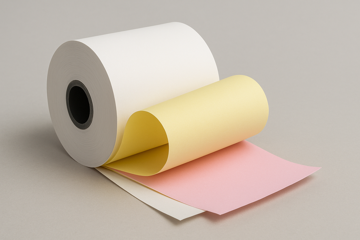 76×65 NCR 3-Ply Paper Rolls – White/Pink/Yellow